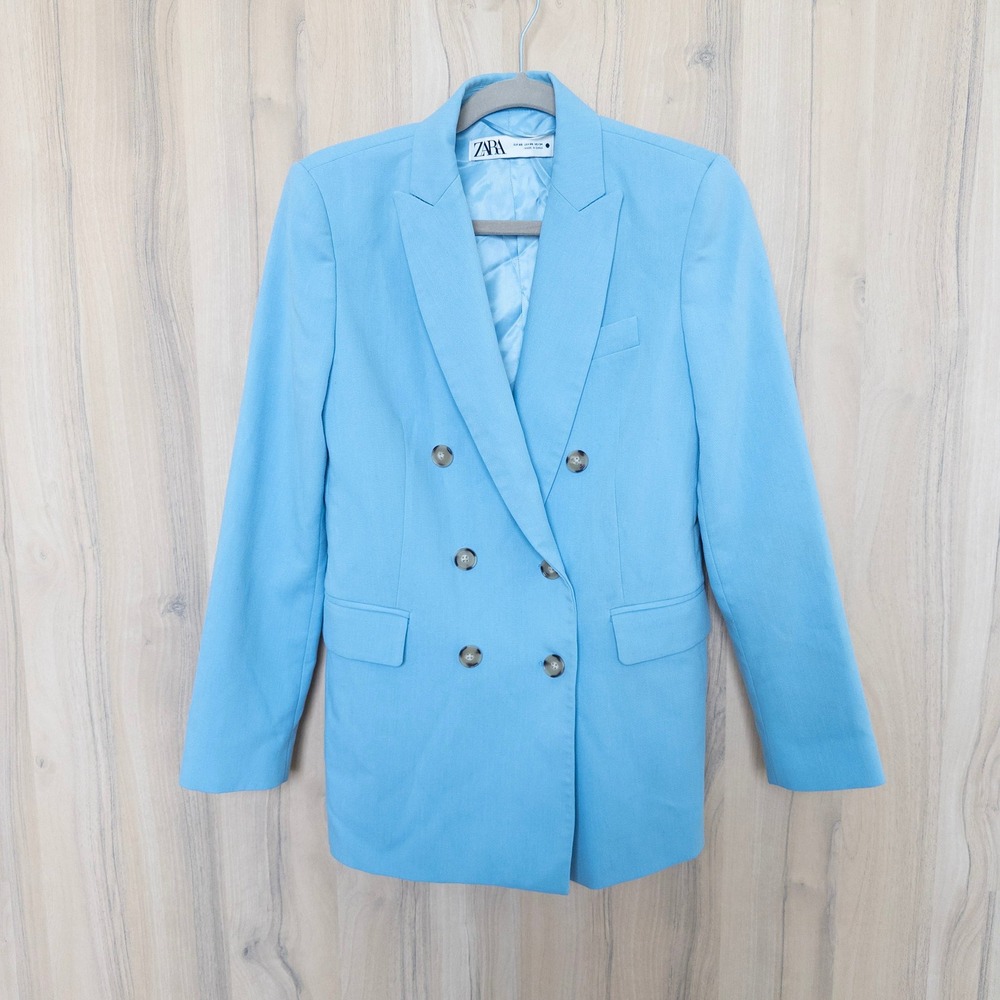 Zara Womens Oversized Blazer XS Blue Double Breasted Peaked Lapel Office Preppy